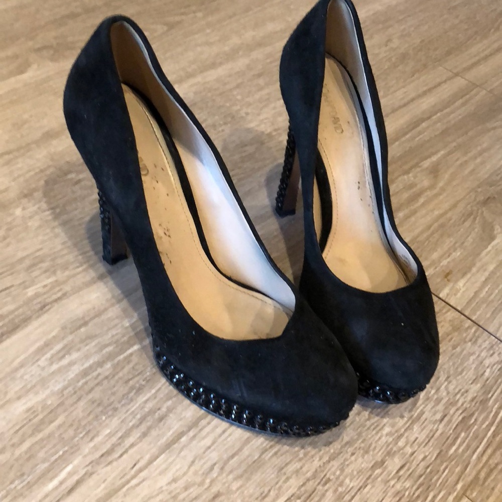 Black suede platform heels